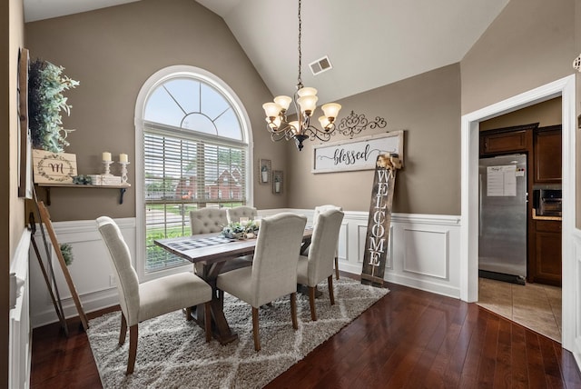 1192 Wicke Rd, Adams, TN 37010 - dining area featuring a chandelier, a wainscoted wall, vaulted ceiling, dark wood-type flooring, and a decorative wall