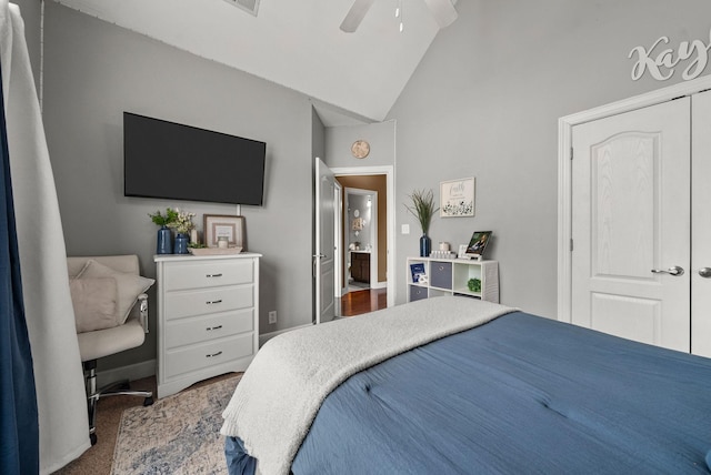 1192 Wicke Rd, Adams, TN 37010 - carpeted bedroom with high vaulted ceiling, ceiling fan, and a closet