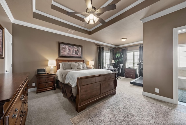 1192 Wicke Rd, Adams, TN 37010 - bedroom featuring light carpet, a tray ceiling, ornamental molding, a desk, and ceiling fan