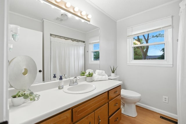 215 Patrick St, Estill Springs, TN 37330 - bathroom featuring wood finished floors, vanity, ornamental molding, and a shower with curtain