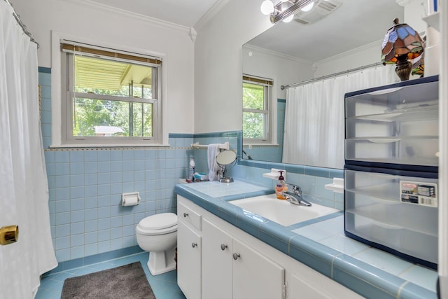1011 S Baird Ln, Murfreesboro, TN 37130 - bathroom with tile patterned floors, vanity, ornamental molding, tile walls, and a shower with curtain