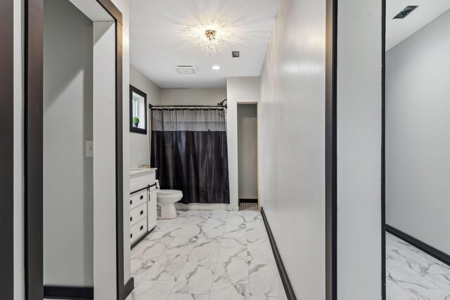 140 Cane Creek Rd, Hohenwald, TN 38462 - full bath with marble finish floors, vanity, and curtained shower