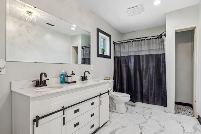 140 Cane Creek Rd, Hohenwald, TN 38462 - full bathroom with double vanity, marble look tile flooring, recessed lighting, and a shower with curtain