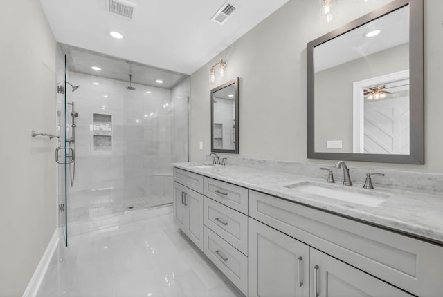 578 Pongracz Way, Clarksville, TN 37042 - bathroom featuring a stall shower, double vanity, recessed lighting, ceiling fan, and marble finish flooring