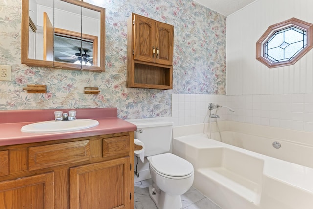2200 Rawls Rd, Greenbrier, TN 37073 - bathroom featuring wallpapered walls, a bath, vanity, tile patterned floors, and ceiling fan