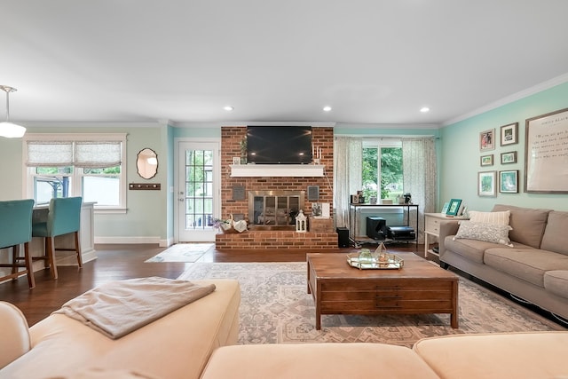 509 Iris Ave, Murfreesboro, TN 37128 - living room featuring crown molding, healthy amount of natural light, wood finished floors, a fireplace, and recessed lighting