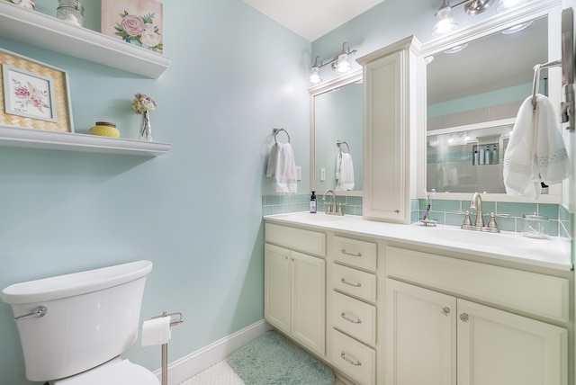 509 Iris Ave, Murfreesboro, TN 37128 - bathroom with double vanity, decorative backsplash, and a shower with door