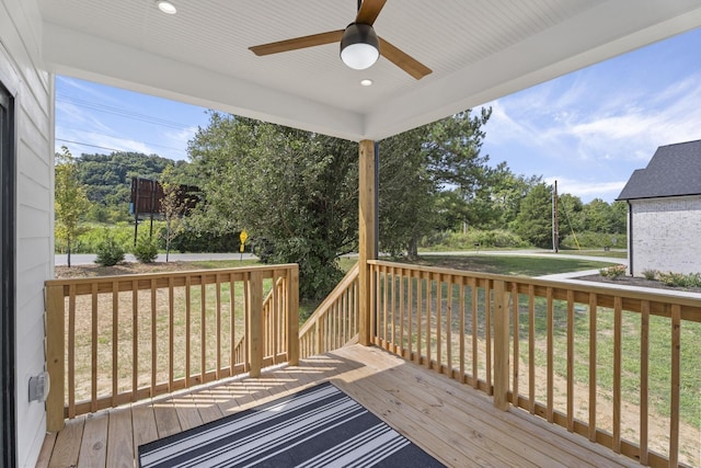 6021 Riverview Dr, Pegram, TN 37143 - wooden terrace with a ceiling fan, a yard, and view of wooded area