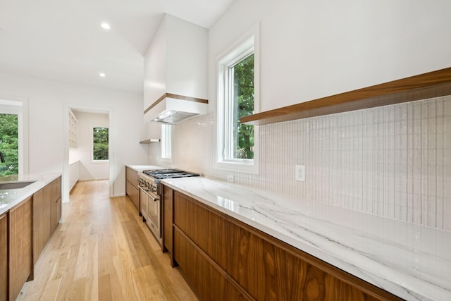 4045 Outer Dr, Nashville, TN 37204 - kitchen with high end stove, brown cabinetry, modern cabinets, light wood finished floors, and backsplash