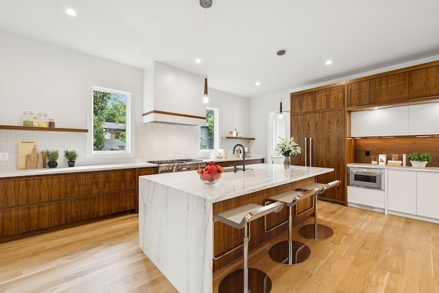 4045 Outer Dr, Nashville, TN 37204 - kitchen featuring open shelves, custom exhaust hood, backsplash, modern cabinets, and recessed lighting