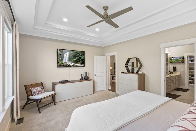 2030 Oliver Dr, Mount Juliet, TN 37122 - bedroom featuring a tray ceiling, recessed lighting, light carpet, crown molding, and ensuite bathroom