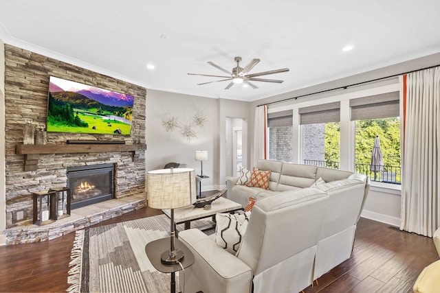 2030 Oliver Dr, Mount Juliet, TN 37122 - living area featuring hardwood / wood-style floors, a ceiling fan, a stone fireplace, crown molding, and recessed lighting