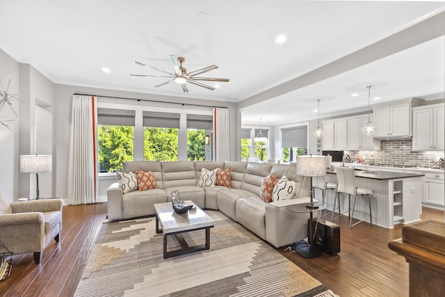 2030 Oliver Dr, Mount Juliet, TN 37122 - living room featuring recessed lighting, wood-type flooring, a ceiling fan, and ornamental molding