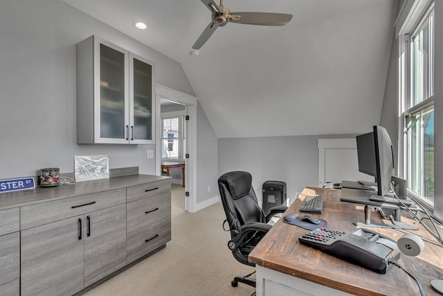 2113 Southern Preserve Ln, Franklin, TN 37064 - home office featuring ceiling fan, light carpet, vaulted ceiling, and recessed lighting