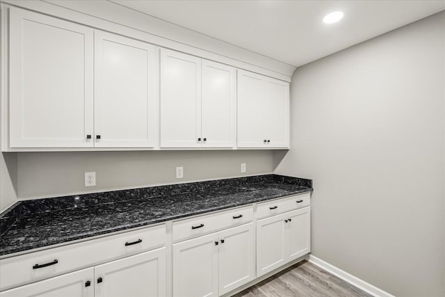 226 Elmwood Dr, Rock Island, TN 38581 - kitchen featuring light wood-style flooring, white cabinetry, dark stone countertops, and recessed lighting