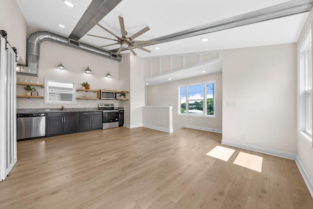 76 W High St, Clarksville, TN 37040 - kitchen featuring stainless steel appliances, open shelves, ceiling fan, light wood-style flooring, and recessed lighting