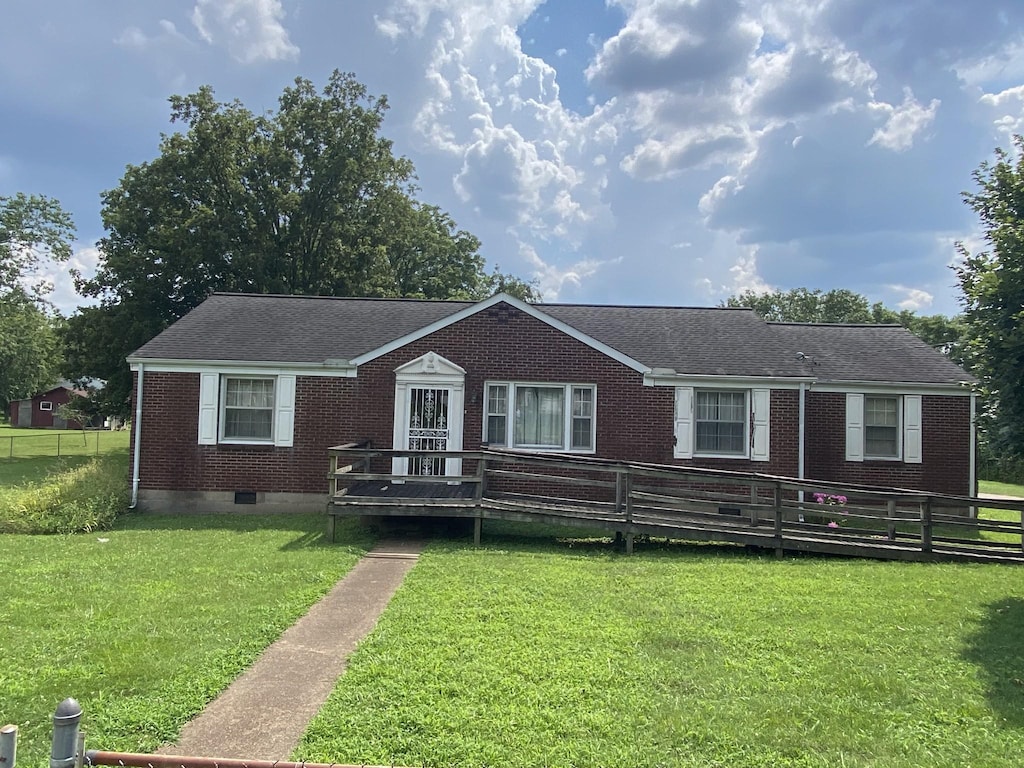 3005 Hillhurst Dr, Nashville, TN 37207 - view of front of property with brick siding, a deck, roof with shingles, and crawl space
