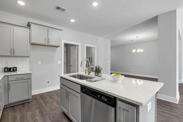564 Twyla Dr, Lebanon, TN 37087 - kitchen featuring dishwasher, gray cabinets, dark wood-type flooring, a kitchen island with sink, and recessed lighting