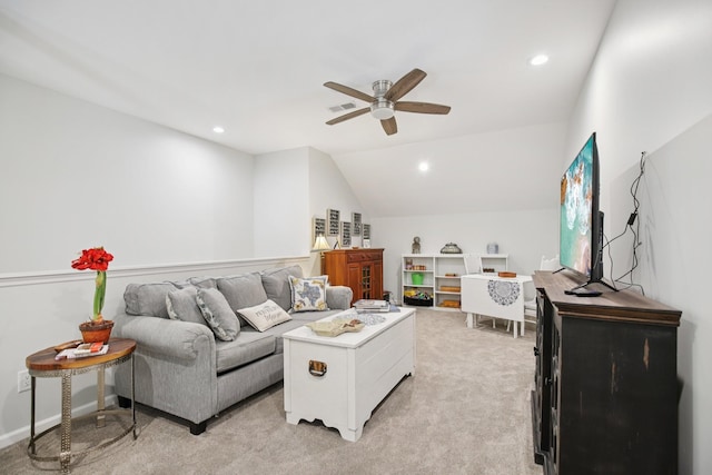4858 Chelanie Cir, Murfreesboro, TN 37129 - living room featuring a ceiling fan, light colored carpet, vaulted ceiling, and recessed lighting