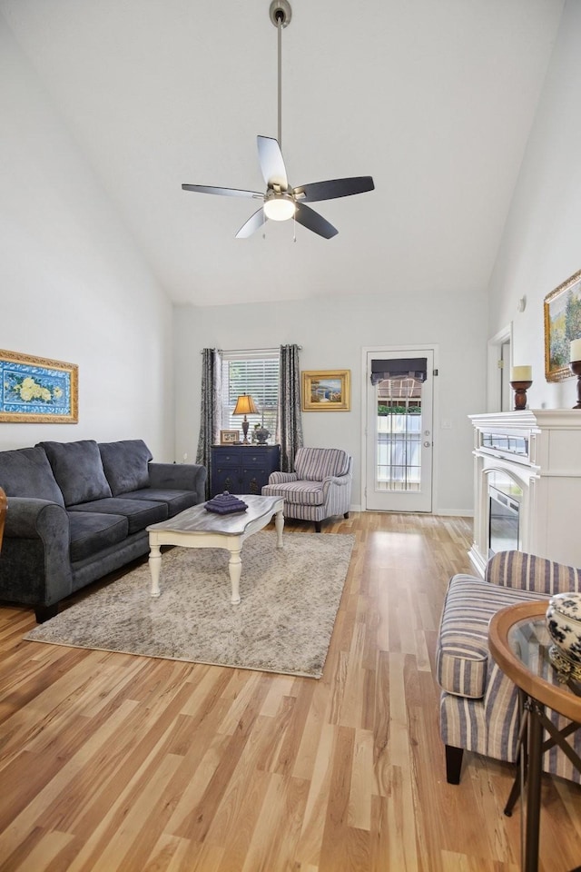 4858 Chelanie Cir, Murfreesboro, TN 37129 - living room with a ceiling fan, high vaulted ceiling, and wood finished floors