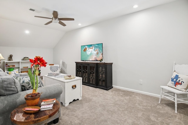 4858 Chelanie Cir, Murfreesboro, TN 37129 - carpeted living area with ceiling fan, vaulted ceiling, and recessed lighting