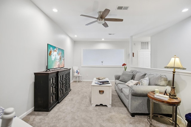 4858 Chelanie Cir, Murfreesboro, TN 37129 - living room featuring light colored carpet, a ceiling fan, and recessed lighting