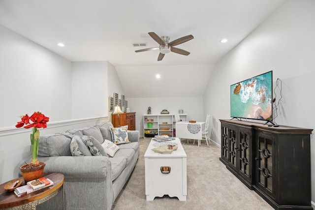 4858 Chelanie Cir, Murfreesboro, TN 37129 - living room featuring ceiling fan, light carpet, recessed lighting, and lofted ceiling