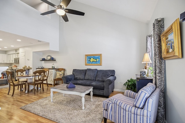 4858 Chelanie Cir, Murfreesboro, TN 37129 - living room featuring ceiling fan, light wood-type flooring, high vaulted ceiling, and recessed lighting