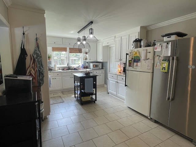 64 Mcdougal Rd, Fayetteville, TN 37334 - kitchen featuring white appliances, white cabinets, ornamental molding, light tile patterned floors, and pendant lighting