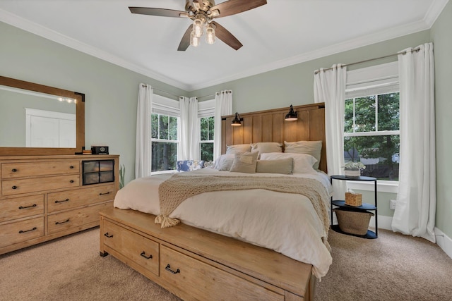7106 Pepper Tree Cir, Fairview, TN 37062 - bedroom with light carpet, multiple windows, crown molding, and a ceiling fan