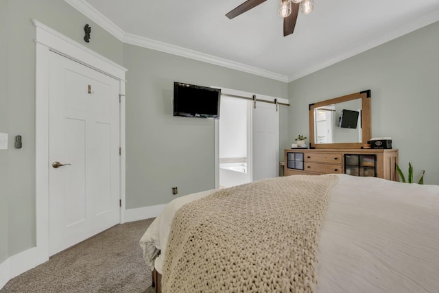 7106 Pepper Tree Cir, Fairview, TN 37062 - bedroom with a barn door, crown molding, carpet, and ceiling fan