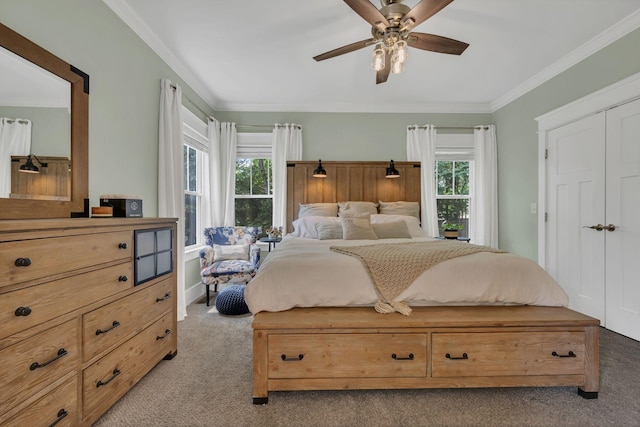 7106 Pepper Tree Cir, Fairview, TN 37062 - bedroom featuring light colored carpet, multiple windows, ornamental molding, and ceiling fan