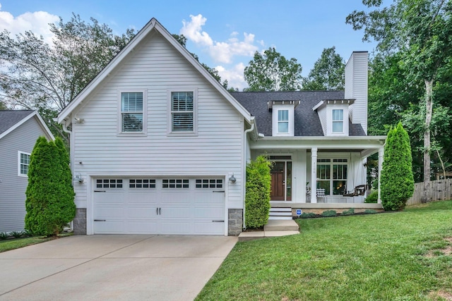 7106 Pepper Tree Cir, Fairview, TN 37062 - view of front of property featuring a porch, a chimney, driveway, stone siding, and a garage