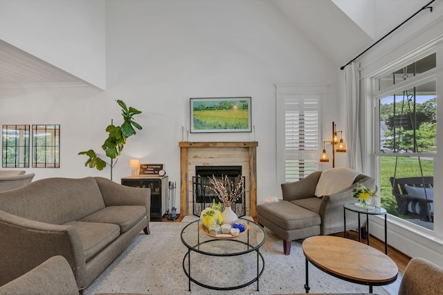 7106 Pepper Tree Cir, Fairview, TN 37062 - living room featuring a fireplace with flush hearth and high vaulted ceiling
