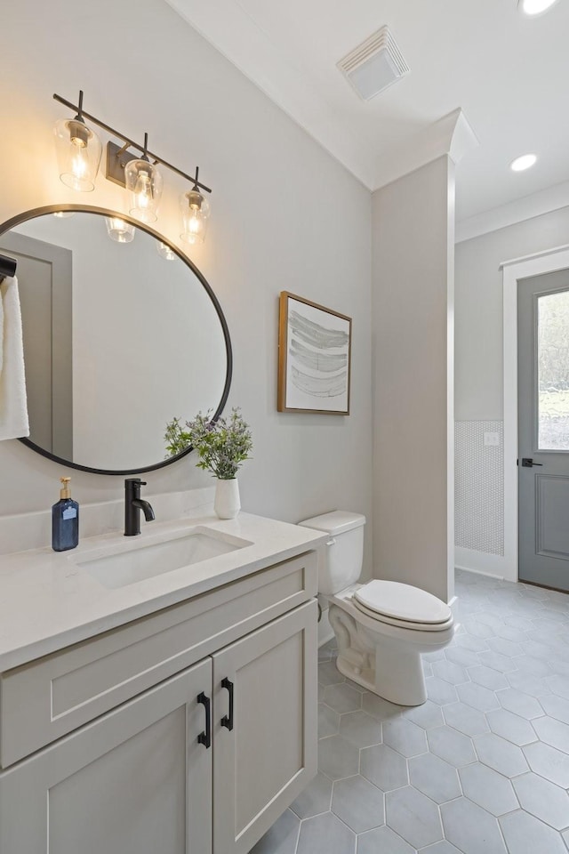 9409 Clovercroft Rd, Franklin, TN 37067 - bathroom with vanity, tile patterned flooring, crown molding, and recessed lighting