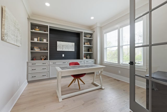9409 Clovercroft Rd, Franklin, TN 37067 - office space featuring ornamental molding, light wood finished floors, built in features, and recessed lighting