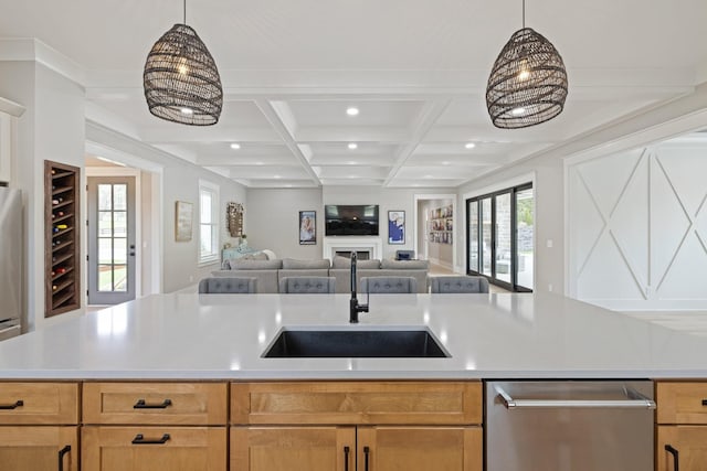 9409 Clovercroft Rd, Franklin, TN 37067 - kitchen with open floor plan, light countertops, recessed lighting, beam ceiling, and dishwasher