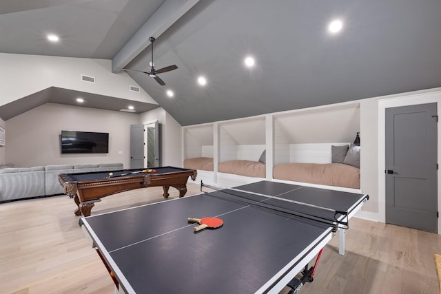 9409 Clovercroft Rd, Franklin, TN 37067 - recreation room featuring light wood-style floors, ceiling fan, billiards, and recessed lighting
