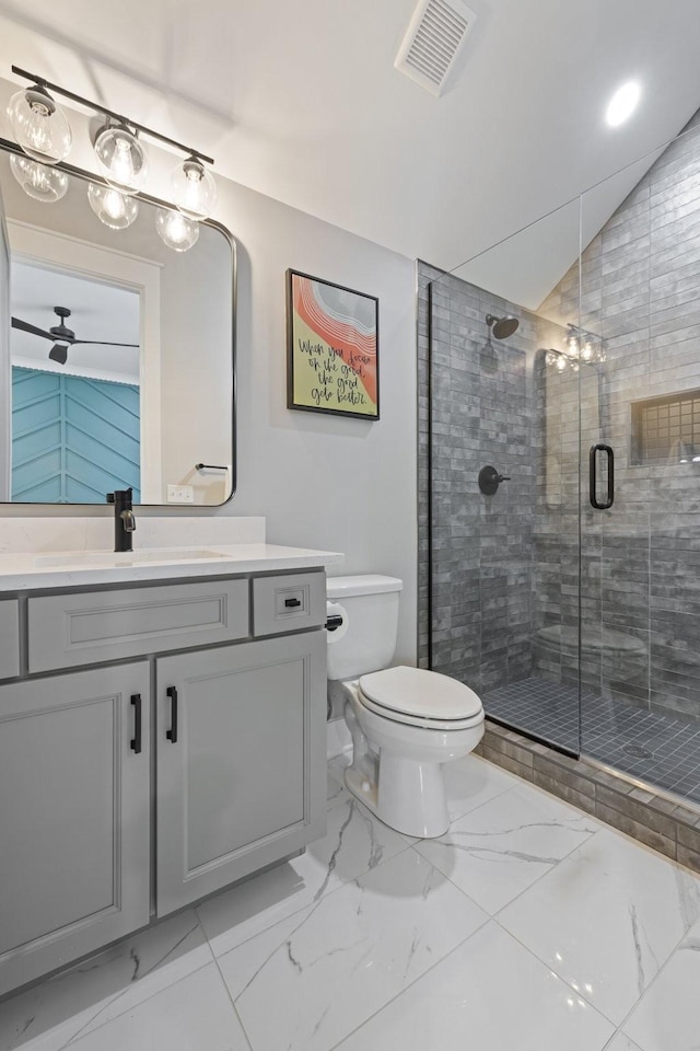 9409 Clovercroft Rd, Franklin, TN 37067 - full bath featuring vanity, marble look tiles, a shower stall, and lofted ceiling