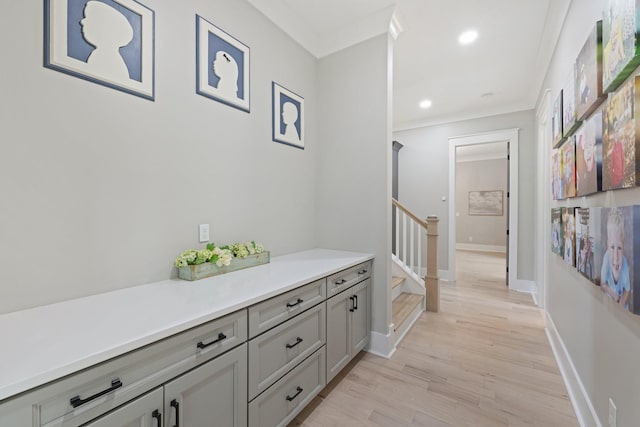 9409 Clovercroft Rd, Franklin, TN 37067 - corridor with stairs, light wood-type flooring, recessed lighting, and ornamental molding
