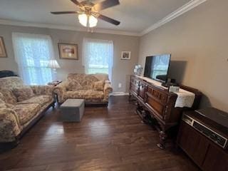 1246 Imperial Dr, Columbia, TN 38401 - living room with dark wood-type flooring, ornamental molding, and ceiling fan