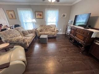 1246 Imperial Dr, Columbia, TN 38401 - living room with dark wood-style flooring, ornamental molding, and a ceiling fan