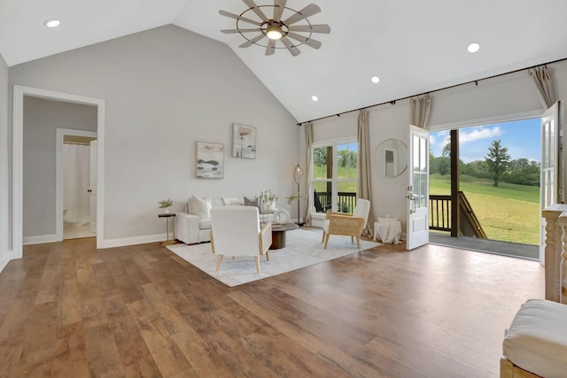 1268 S Tidwell Rd, Bon Aqua, TN 37025 - living room with high vaulted ceiling, a ceiling fan, recessed lighting, and wood finished floors
