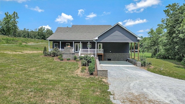 1268 S Tidwell Rd, Bon Aqua, TN 37025 - view of front of home with a porch, a front lawn, driveway, roof with shingles, and stone siding