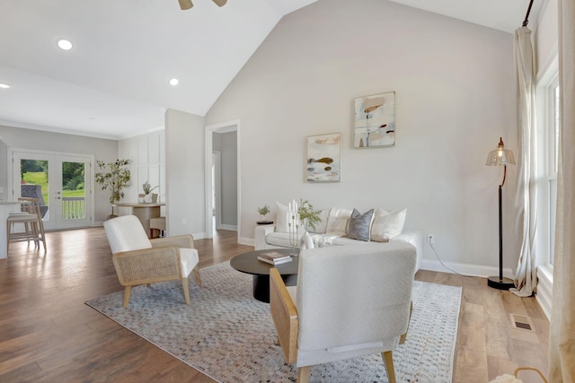 1268 S Tidwell Rd, Bon Aqua, TN 37025 - living area with recessed lighting, light wood-type flooring, french doors, a ceiling fan, and high vaulted ceiling