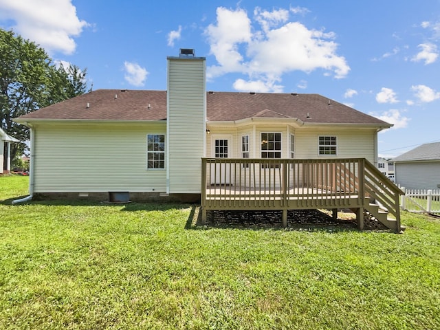 1333 Meredith Way, Clarksville, TN 37042 - rear view of house featuring crawl space, a deck, a chimney, a lawn, and a shingled roof