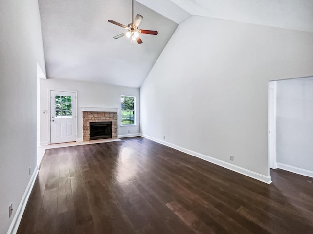1333 Meredith Way, Clarksville, TN 37042 - unfurnished living room with high vaulted ceiling, ceiling fan, dark wood-type flooring, and a fireplace