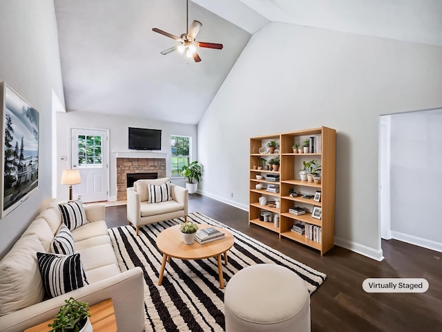 1333 Meredith Way, Clarksville, TN 37042 - living room with high vaulted ceiling, a ceiling fan, dark wood-style floors, and a stone fireplace