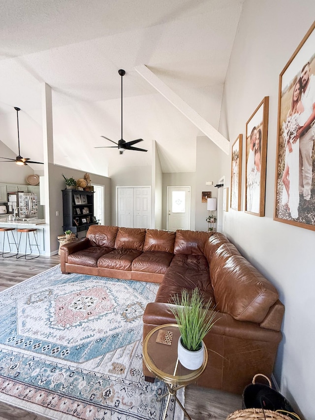 108 Easy St, Pulaski, TN 38478 - living room featuring ceiling fan, wood finished floors, and high vaulted ceiling