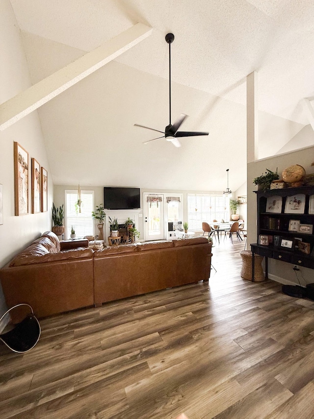 108 Easy St, Pulaski, TN 38478 - living area featuring high vaulted ceiling, wood finished floors, and ceiling fan